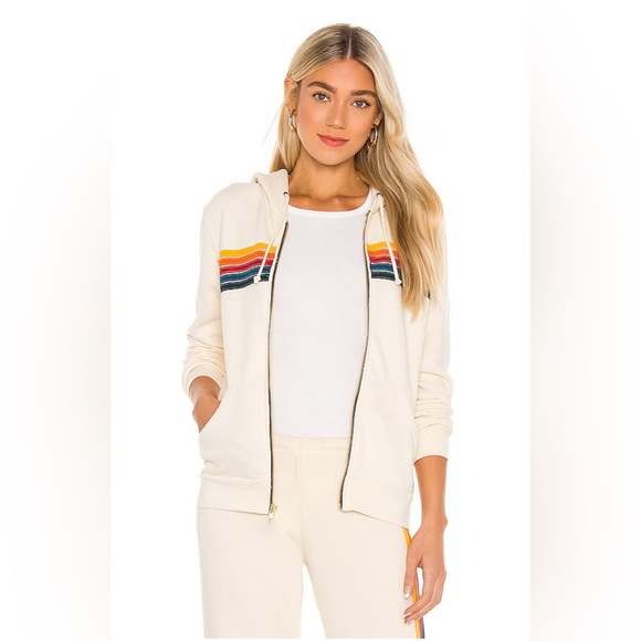 Women's Cream Zip-Up Hoodie with Rainbow Stripes 5 stripe hoodie in vintage whit - Picture 2 of 9